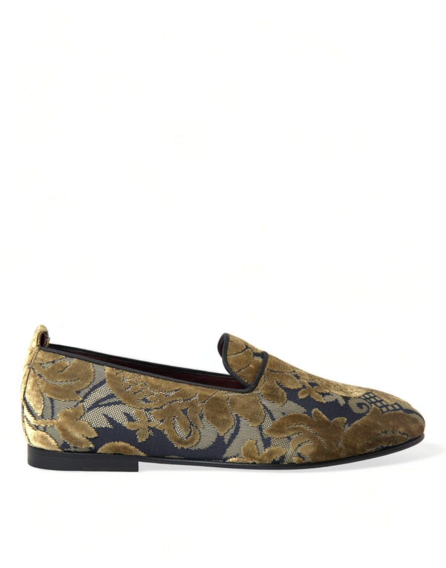 Men Dolce & Gabbana | Dolce & Gabbana Gold Velvet Brocade Smoking Slipper Dress Shoes