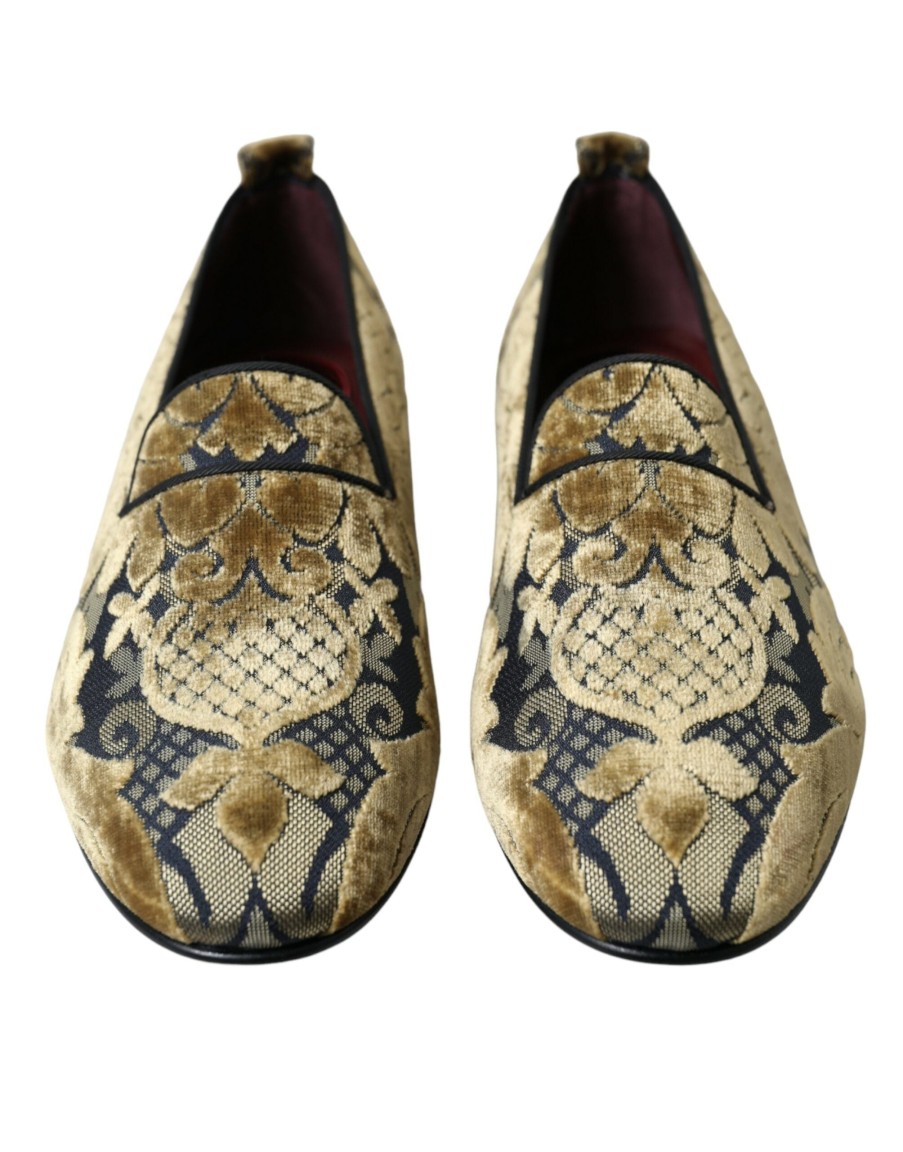 Men Dolce & Gabbana | Dolce & Gabbana Gold Velvet Brocade Smoking Slipper Dress Shoes