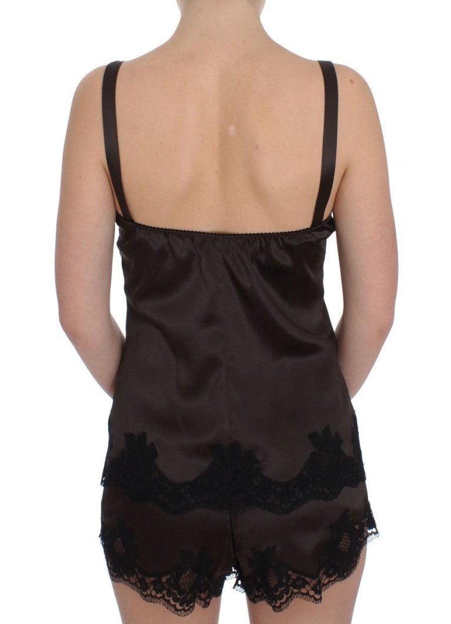 Women Dolce & Gabbana Women'S Underwear | Dolce & Gabbana Brown Silk Stretch Lace Lingerie Top