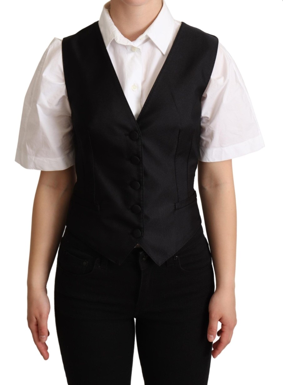 Women Dolce & Gabbana Women'S Vest | Dolce & Gabbana Black Silk Sleeveless Waistcoat Vest