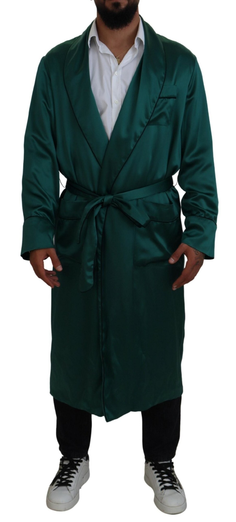 Men Dolce & Gabbana Men'S Sleepwear | Dolce & Gabbana Green Silk Waist Belt Robe Sleepwear