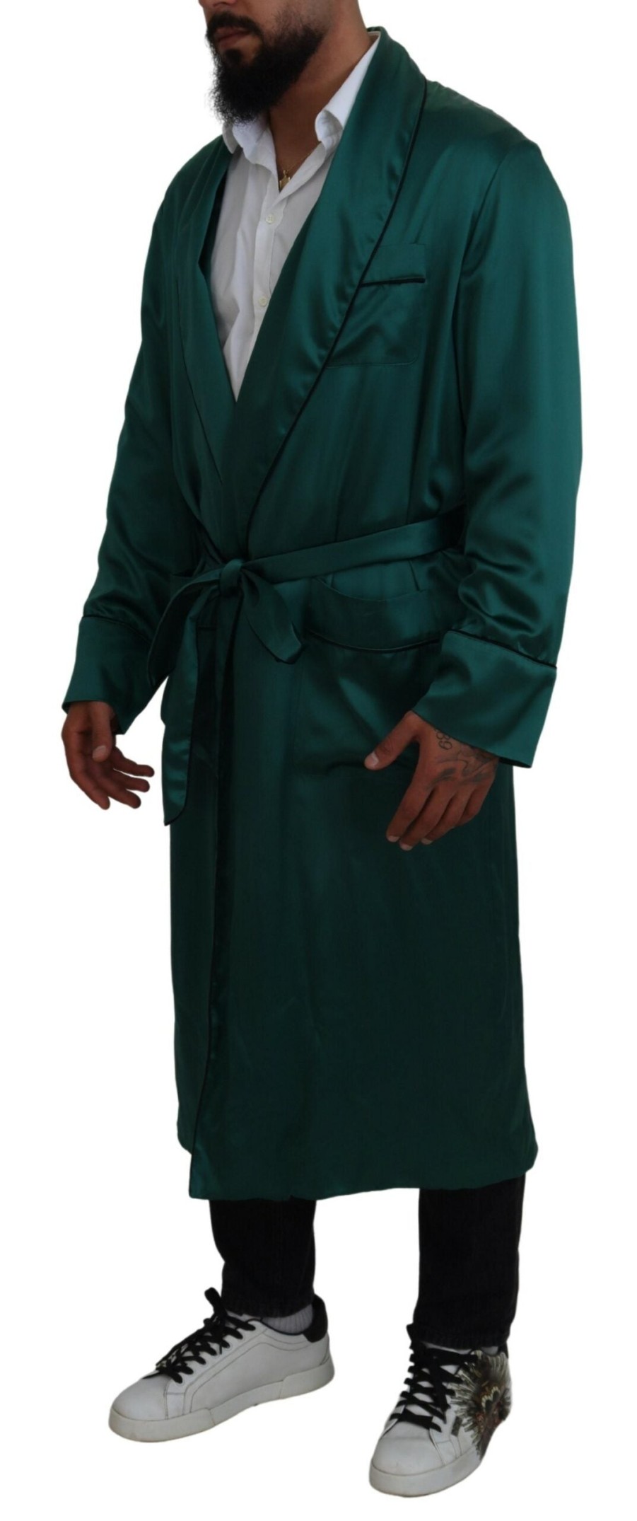 Men Dolce & Gabbana Men'S Sleepwear | Dolce & Gabbana Green Silk Waist Belt Robe Sleepwear