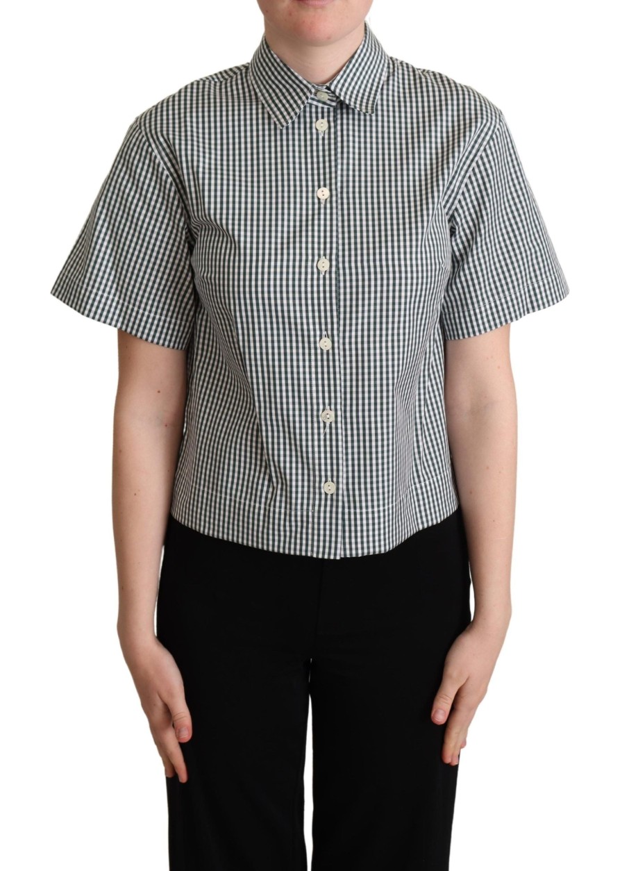 Women Dolce & Gabbana Women'S Shirts | Dolce & Gabbana White Green Cotton Check Shirt Blouse Top