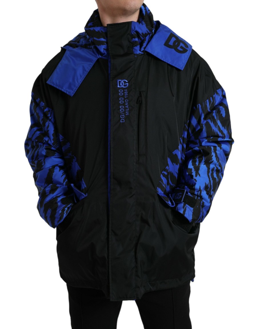 Men Dolce & Gabbana Men'S Jackets | Dolce & Gabbana Black Blue Hooded Windbreaker Coat Jacket