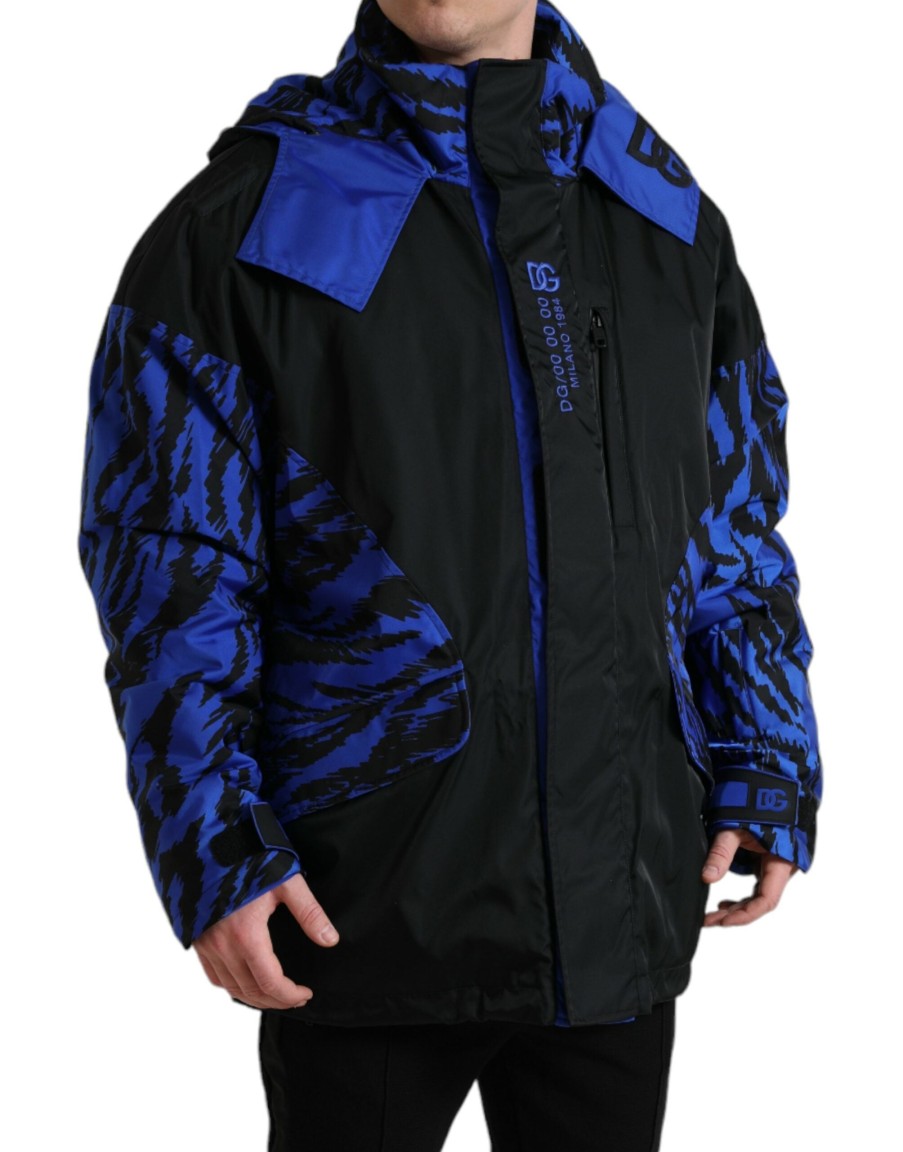 Men Dolce & Gabbana Men'S Jackets | Dolce & Gabbana Black Blue Hooded Windbreaker Coat Jacket