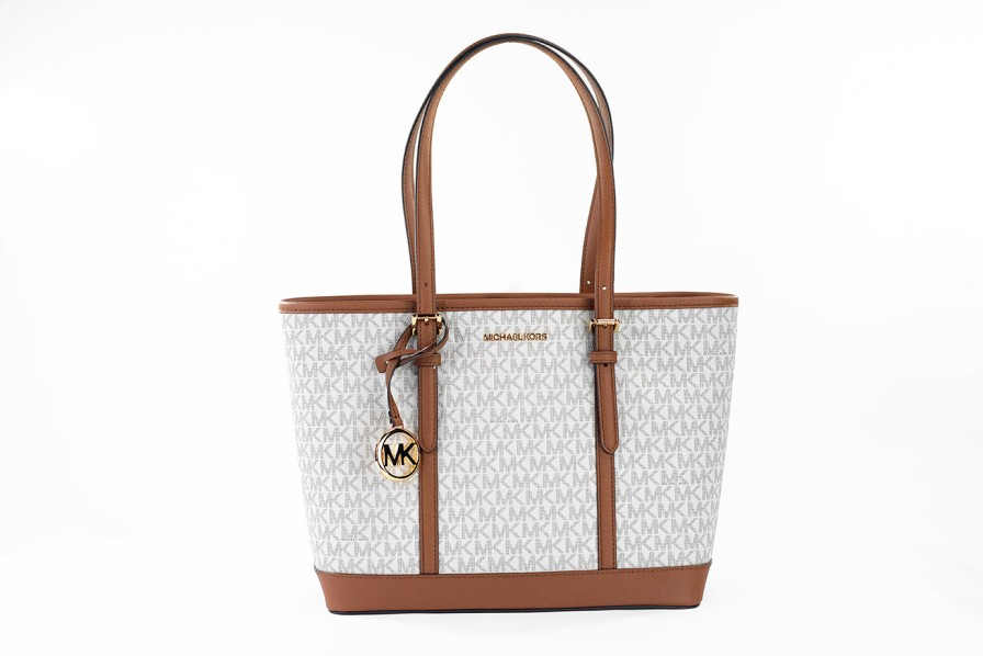 Women Michael Kors Women'S Tote Bags | Michael Kors Jet Set Travel Small Vanilla Pvc Shoulder Tote Handbag Ba