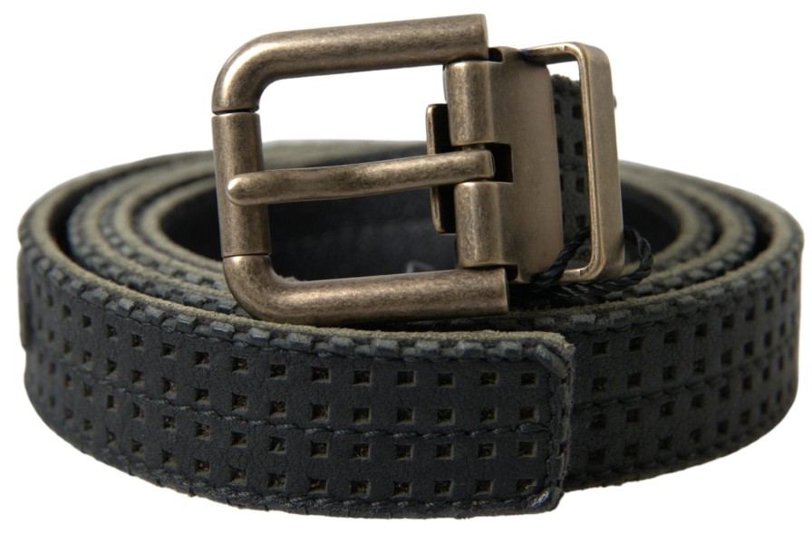 Men Dolce & Gabbana Men'S Belts | Dolce & Gabbana Black Leather Perforated Gold Buckle Belt