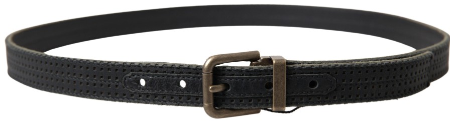 Men Dolce & Gabbana Men'S Belts | Dolce & Gabbana Black Leather Perforated Gold Buckle Belt