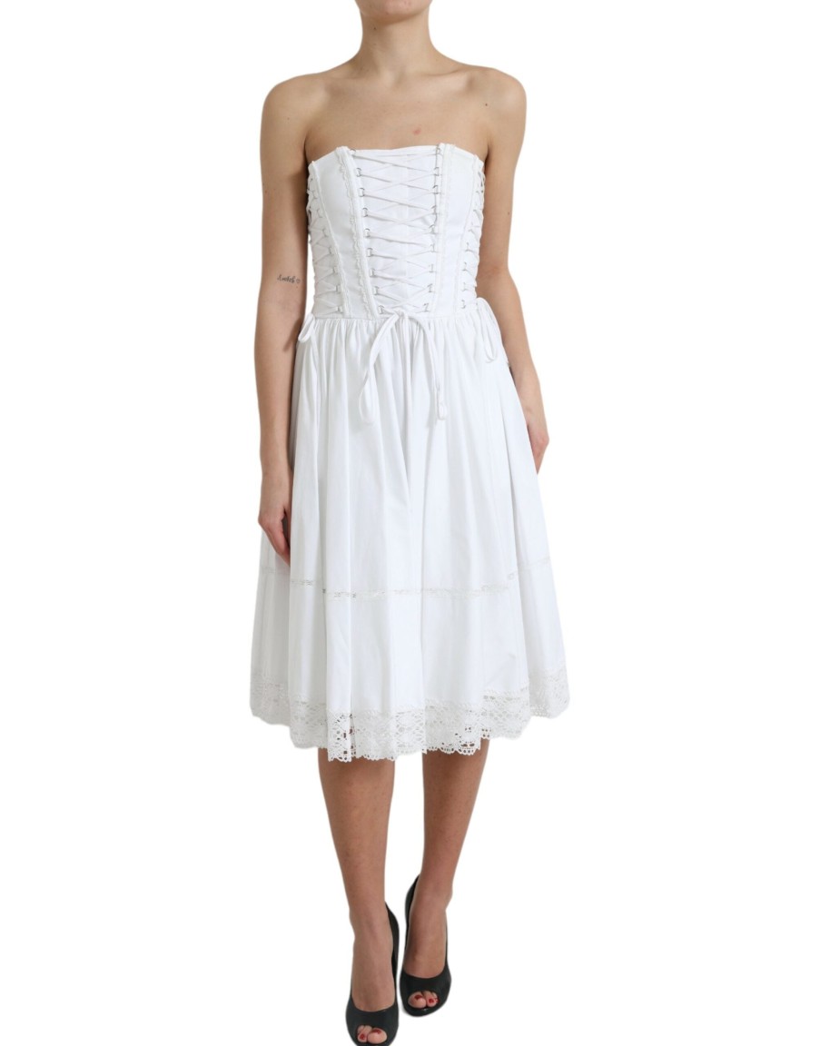 Women Dolce & Gabbana Women'S Dresses | Dolce & Gabbana White Cotton Gabardine Bustier Corset Dress