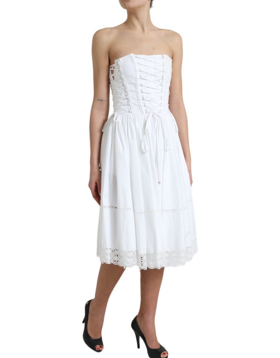 Women Dolce & Gabbana Women'S Dresses | Dolce & Gabbana White Cotton Gabardine Bustier Corset Dress