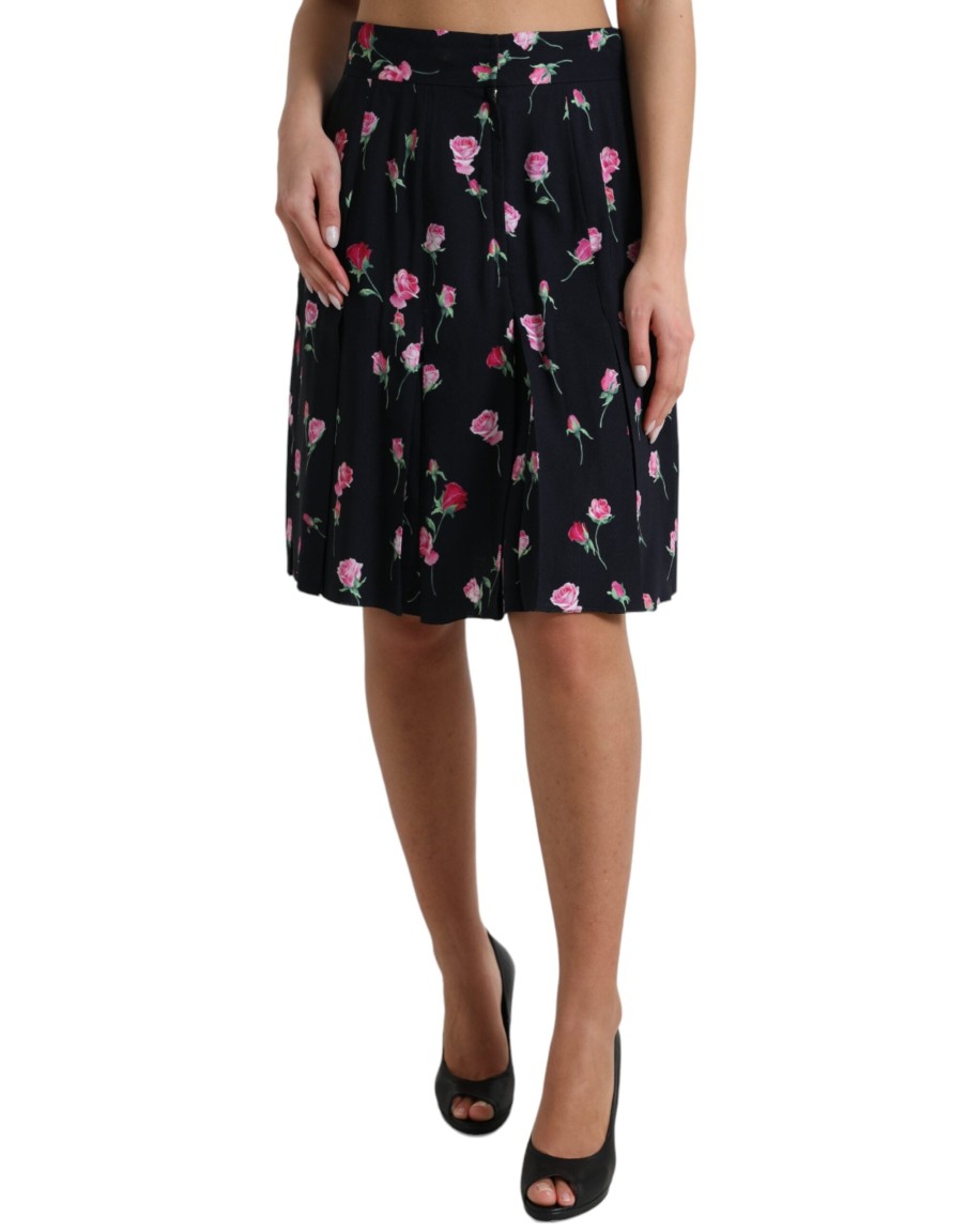 Women Dolce & Gabbana Women'S Skirts | Dolce & Gabbana Black Rose High Waist A-Line Knee Length Skirt