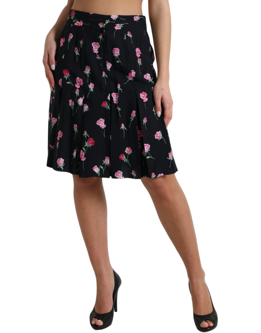 Women Dolce & Gabbana Women'S Skirts | Dolce & Gabbana Black Rose High Waist A-Line Knee Length Skirt