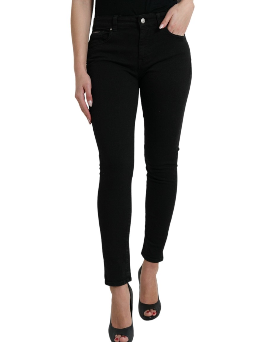 Women Dolce & Gabbana Women'S Pants & Jeans | Dolce & Gabbana Black Cotton Mid Waist Skinny Denim Jeans