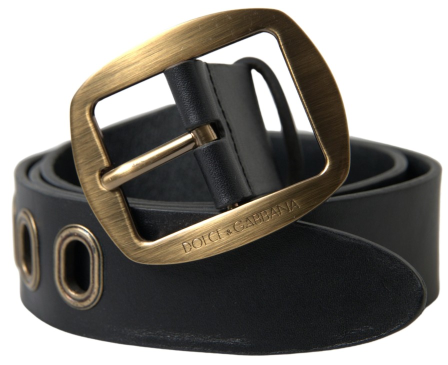 Men Dolce & Gabbana Men'S Belts | Dolce & Gabbana Black Leather Gold Metal Buckle Men Belt