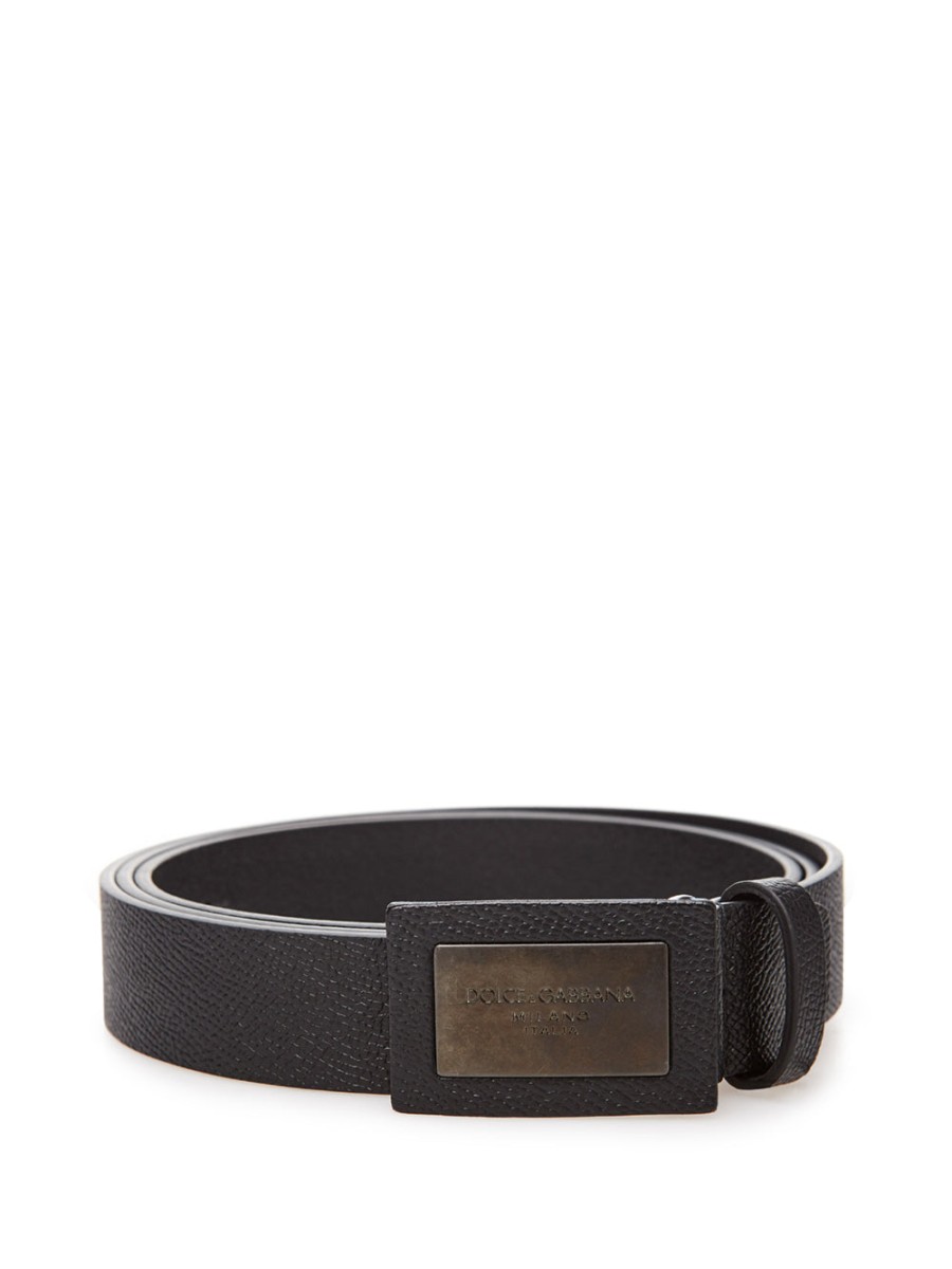 Men Dolce & Gabbana Men'S Belts | Dolce & Gabbana Black Leather Belt With Logo Buckle