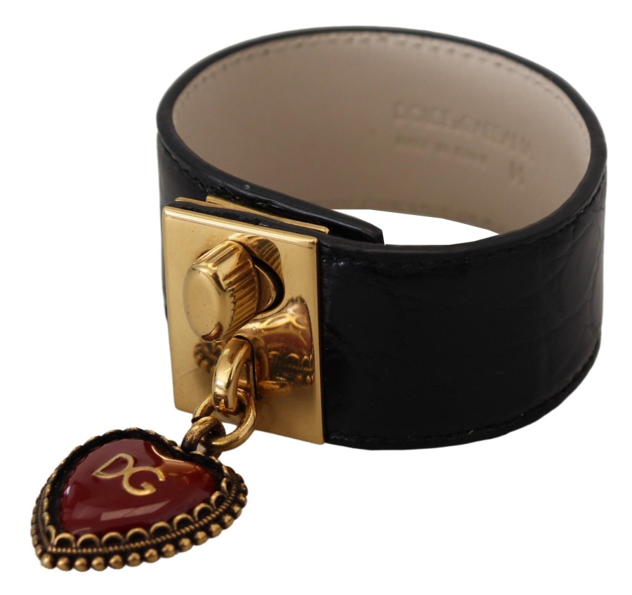 Women Dolce & Gabbana Women'S Bracelets | Dolce & Gabbana Black Dauphine Leather Dg Heart Key Ring Bracelet