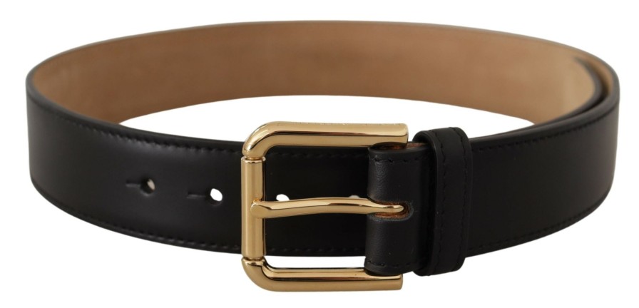 Women Dolce & Gabbana Women'S Belts | Dolce & Gabbana Black Solid Leather Classic Gold Waist Buckle Belt