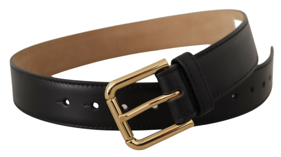 Women Dolce & Gabbana Women'S Belts | Dolce & Gabbana Black Solid Leather Classic Gold Waist Buckle Belt