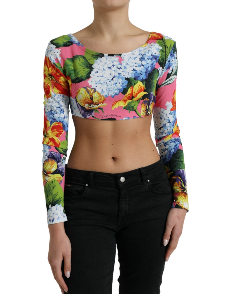 Women Dolce & Gabbana Women'S Tops & T-Shirts | Dolce & Gabbana Multicolor Floral Long Sleeves Cropped Top