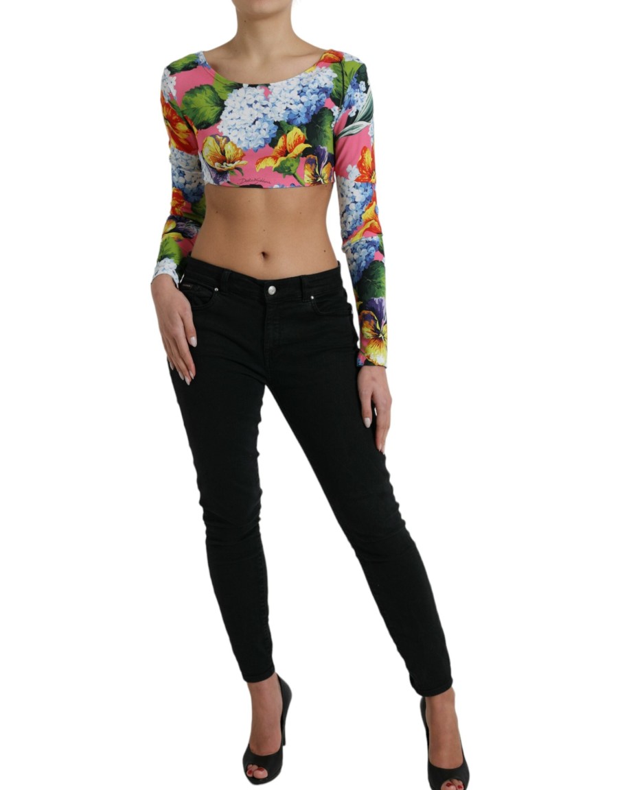 Women Dolce & Gabbana Women'S Tops & T-Shirts | Dolce & Gabbana Multicolor Floral Long Sleeves Cropped Top