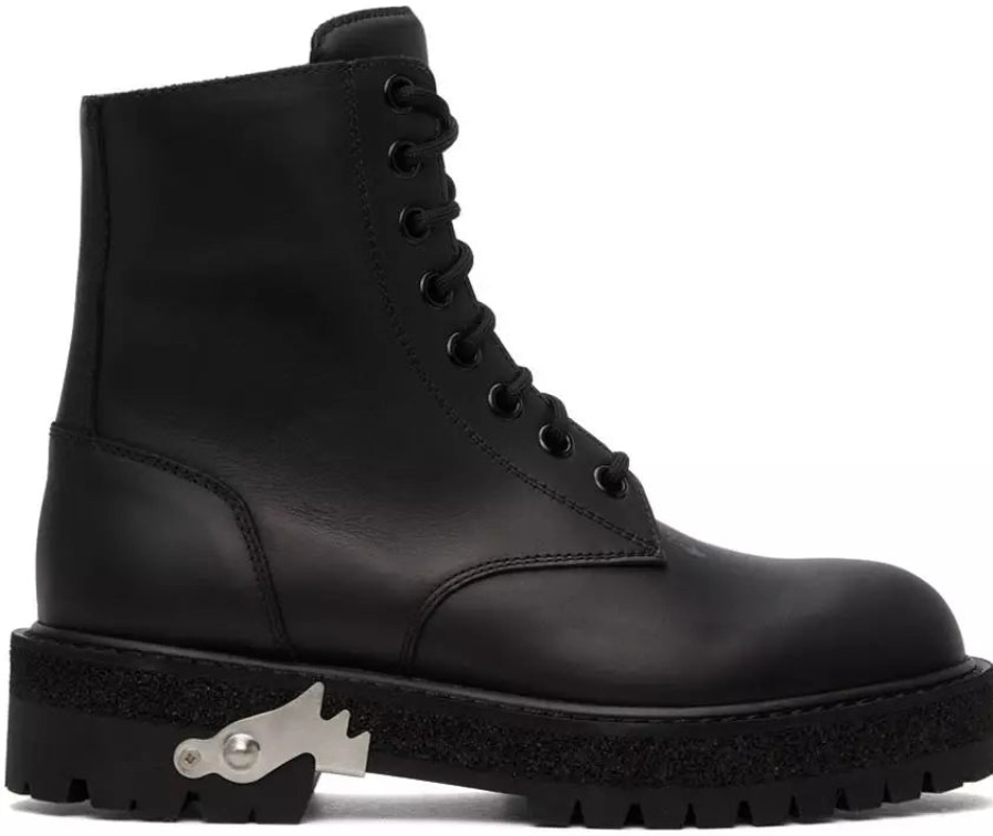 Women Off-White Women'S Boots | Off-White Sleek Black Leather Ankle Boots With Embossed Logo