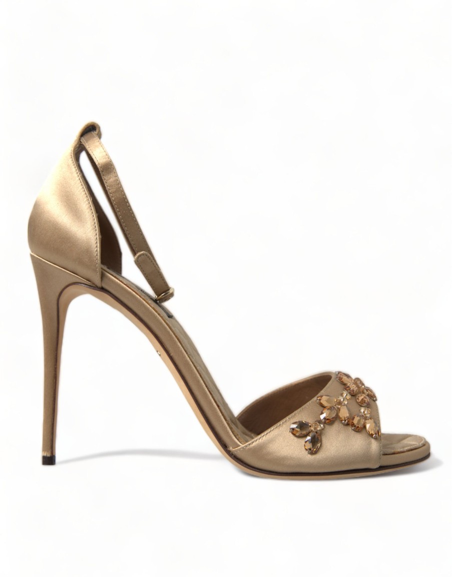 Women Dolce & Gabbana Women'S Sandals | Dolce & Gabbana Gold Satin Ankle Strap Crystal Sandals Shoes