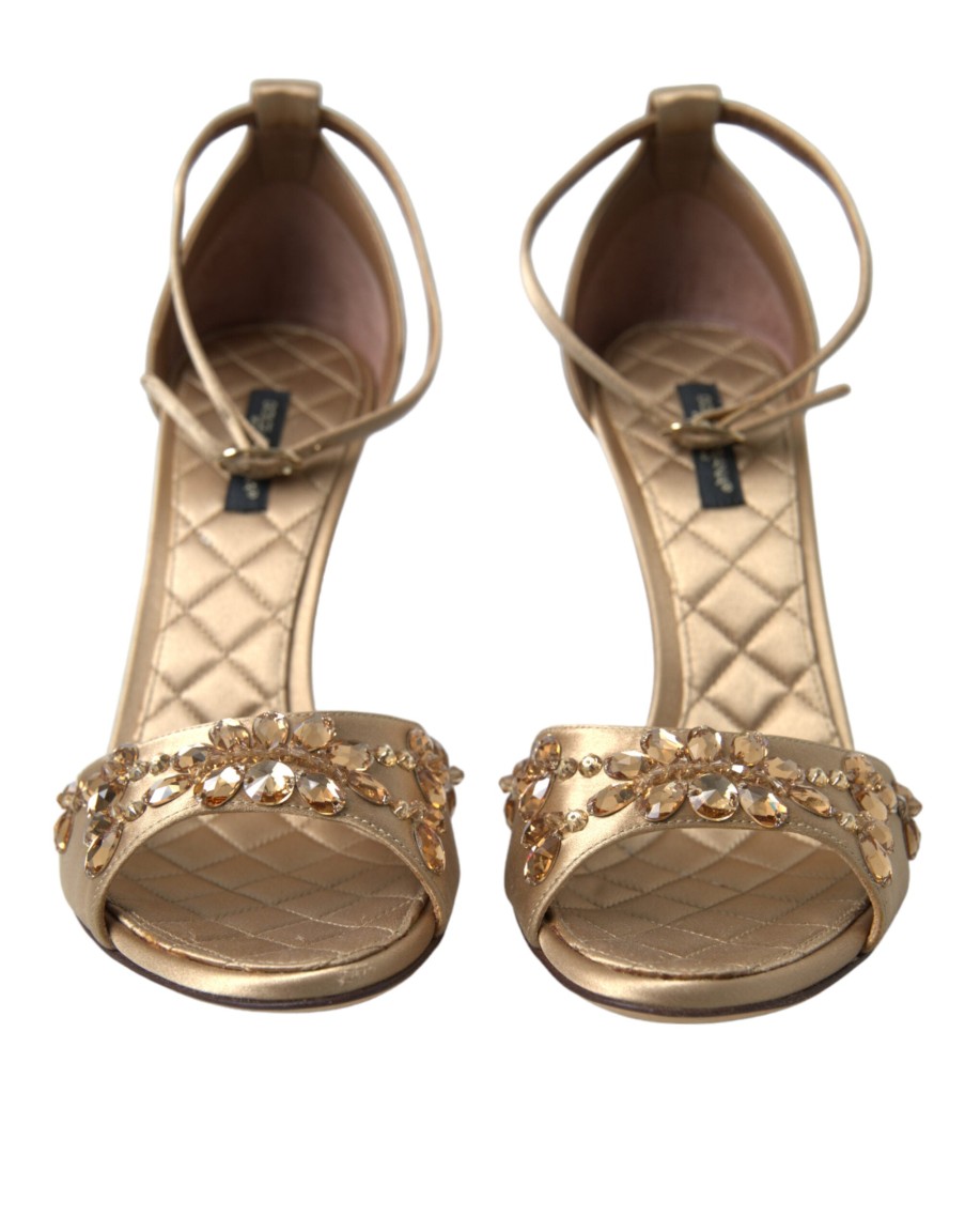 Women Dolce & Gabbana Women'S Sandals | Dolce & Gabbana Gold Satin Ankle Strap Crystal Sandals Shoes