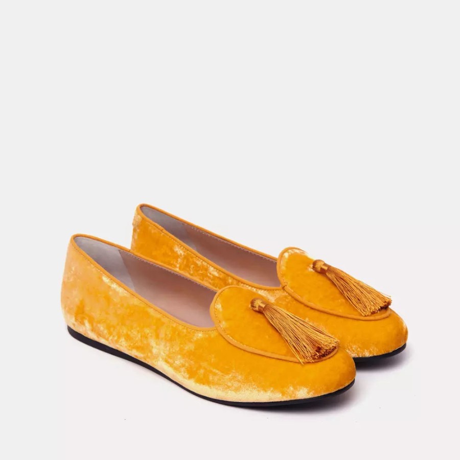 Women Charles Philip Women'S Flat Shoes | Charles Philip Elegant Yellow Velvet Flat With Tassel