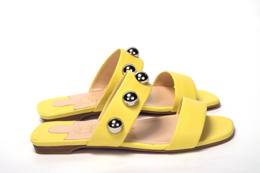 Women Christian Louboutin Women'S Flat Shoes | Christian Louboutin Bright Yellow Silver Wide Strap Studded Flat