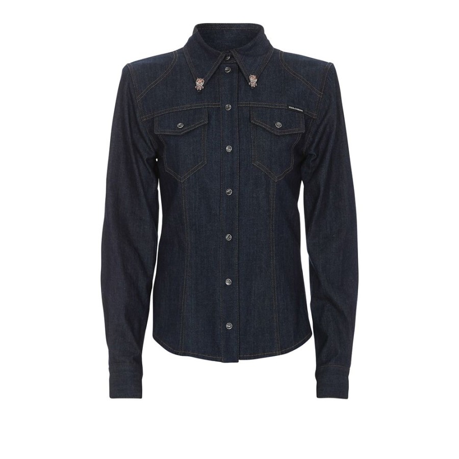 Women Dolce & Gabbana Women'S Shirts | Dolce & Gabbana Elegant Dark Blue Denim Shirt With Rhinestone Collar