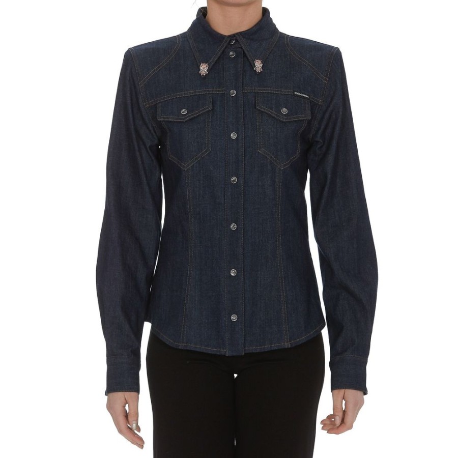 Women Dolce & Gabbana Women'S Shirts | Dolce & Gabbana Elegant Dark Blue Denim Shirt With Rhinestone Collar