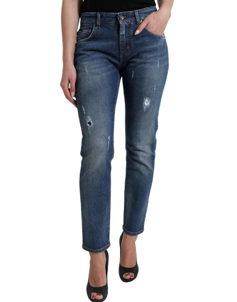 Women Dolce & Gabbana Women'S Pants & Jeans | Dolce & Gabbana Blue Boyfriend Mid Waist Cotton Denim Jeans