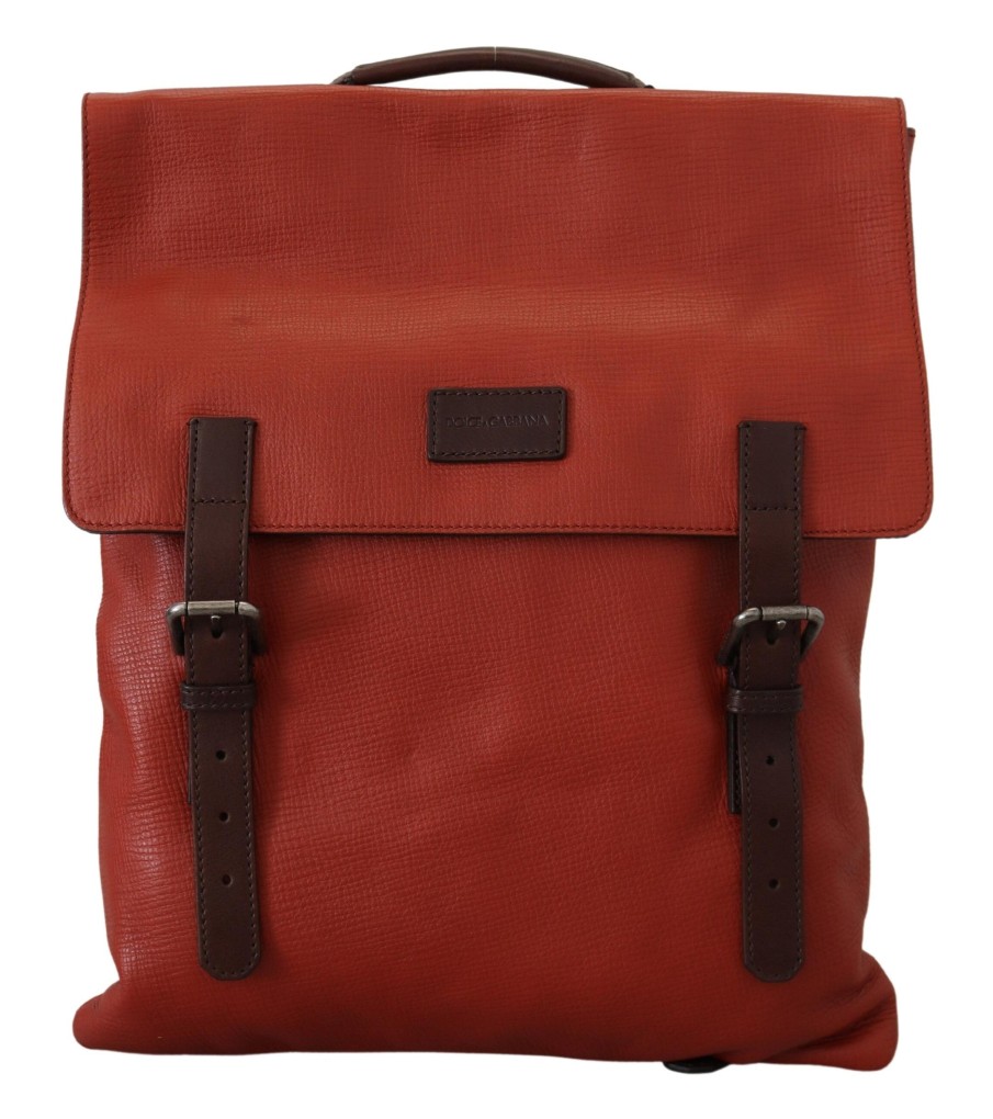 Men Dolce & Gabbana Men Backpacks | Dolce & Gabbana Orange Leather Logo Plaque Men Backpack Bag