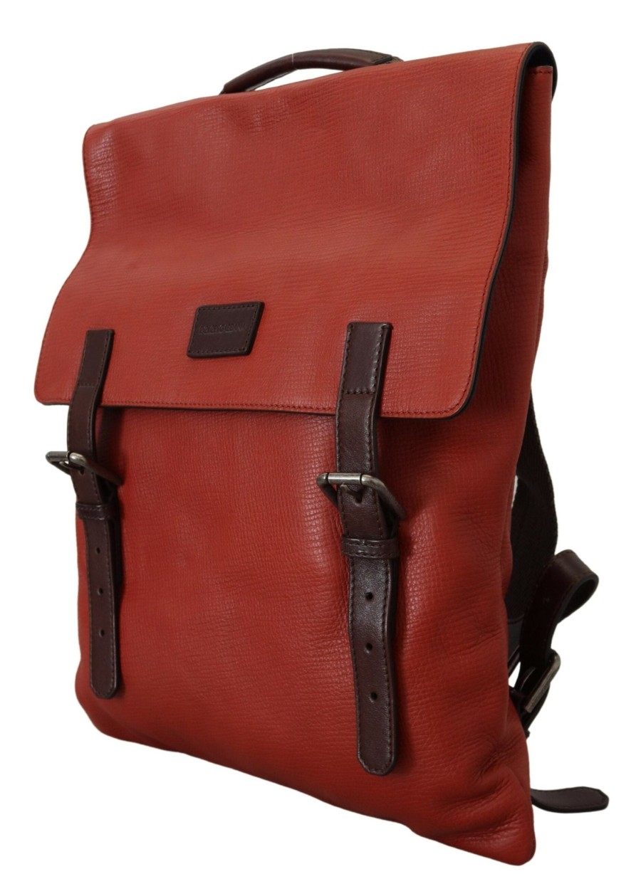 Men Dolce & Gabbana Men Backpacks | Dolce & Gabbana Orange Leather Logo Plaque Men Backpack Bag