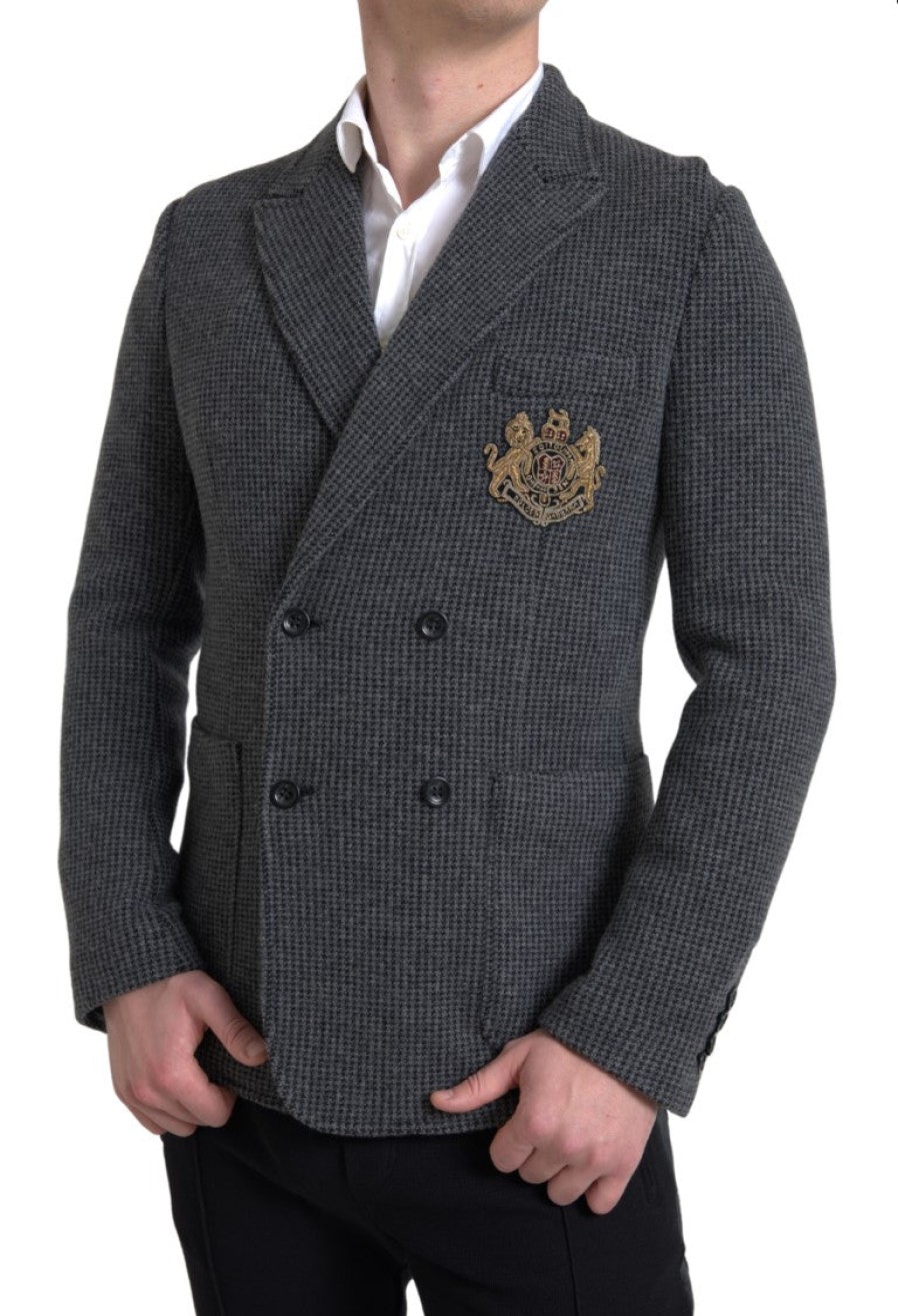 Men Dolce & Gabbana Men'S Blazers | Dolce & Gabbana Gray Logo Embroidery Double Breasted Blazer