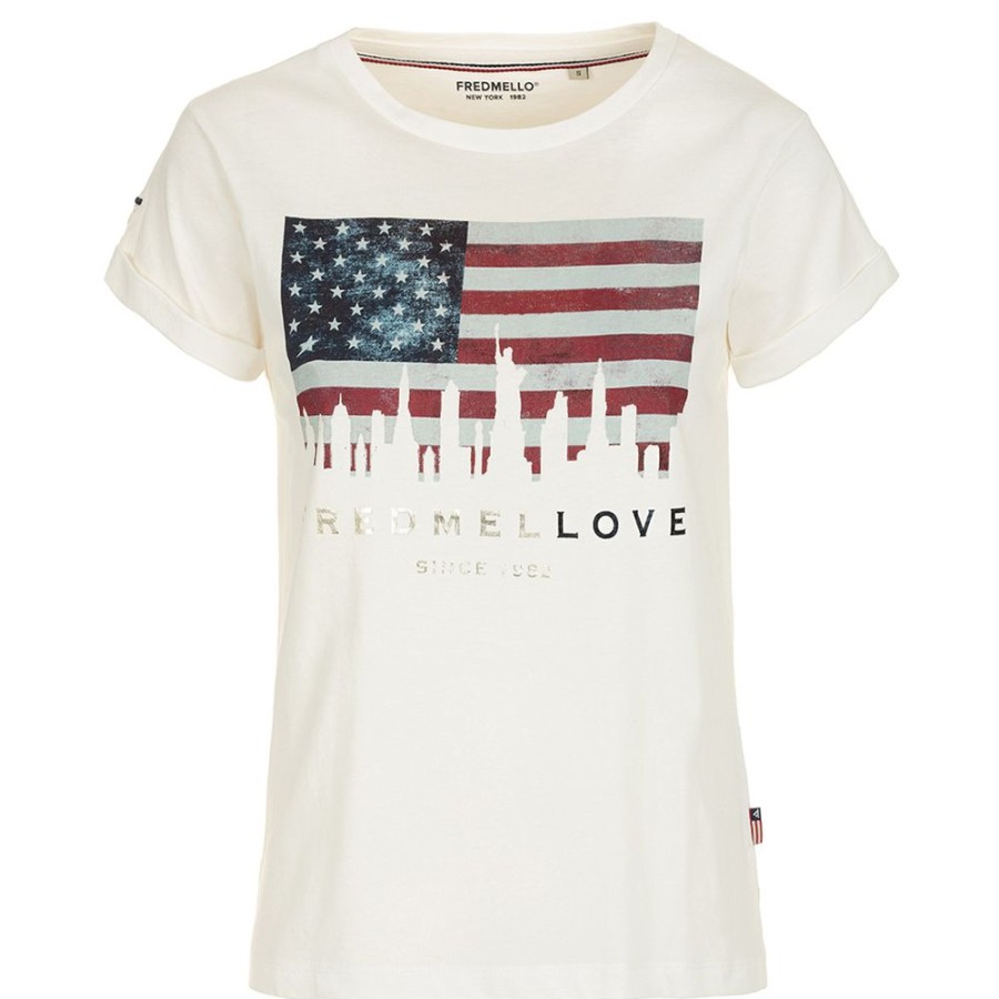 Women Fred Mello Women'S Tops & T-Shirts | Fred Mello Chic White Cotton Tee With Flag Logo Print