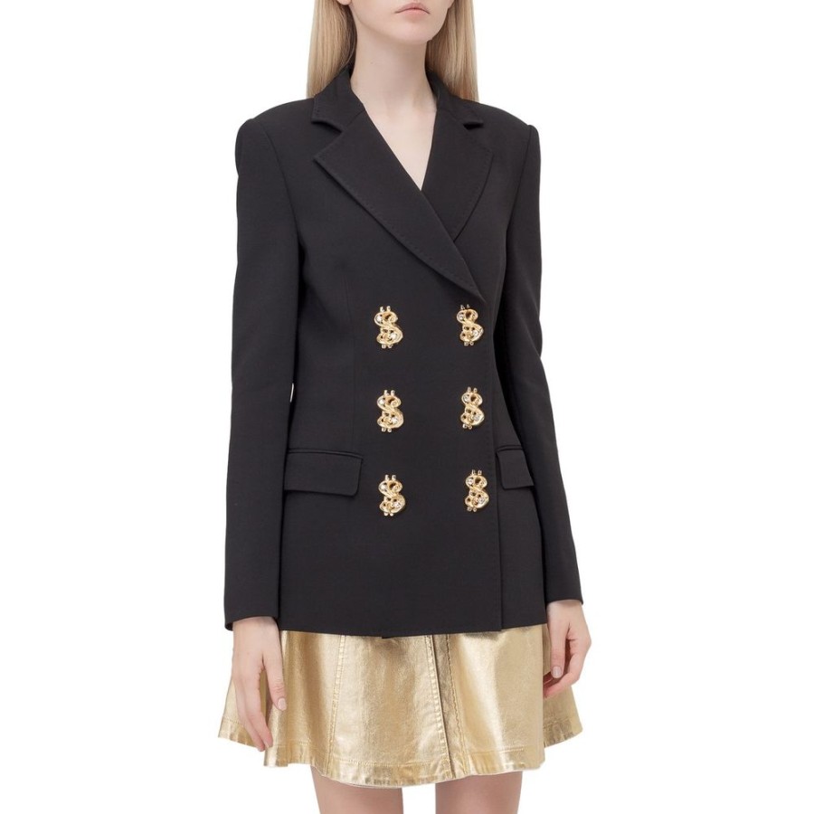 Women Moschino Couture Women'S Suits & Blazers | Moschino Couture Elegant Black Double-Breasted Rhinestone Jacket