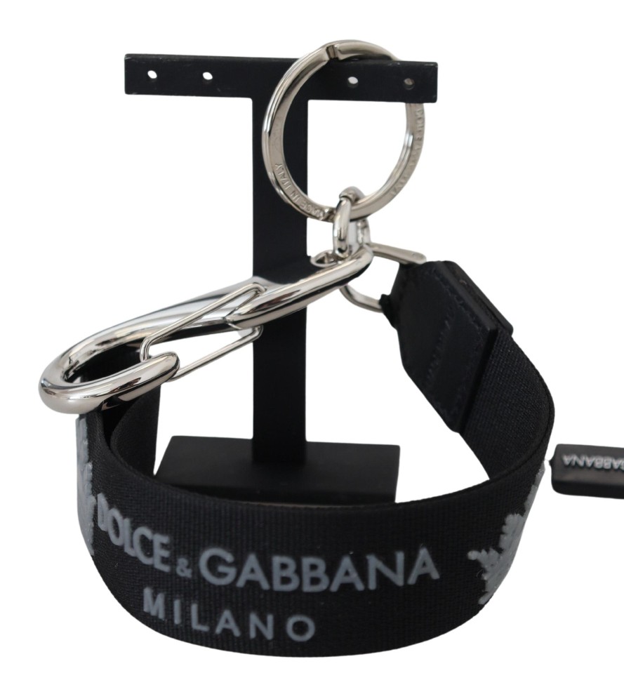 Women Dolce & Gabbana Women'S Keychains | Dolce & Gabbana Black Polyester Logo Silver Tone Brass Keychain