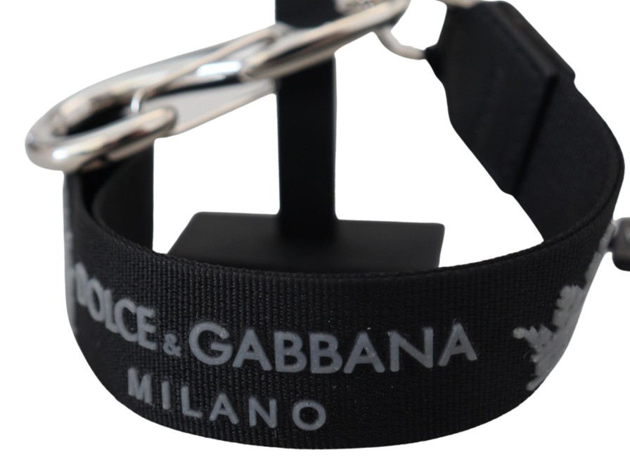 Women Dolce & Gabbana Women'S Keychains | Dolce & Gabbana Black Polyester Logo Silver Tone Brass Keychain