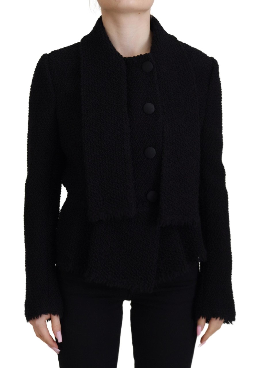 Women Dolce & Gabbana Women'S Suits & Blazers | Dolce & Gabbana Black Wool Coat Blazer Wrap Jacket