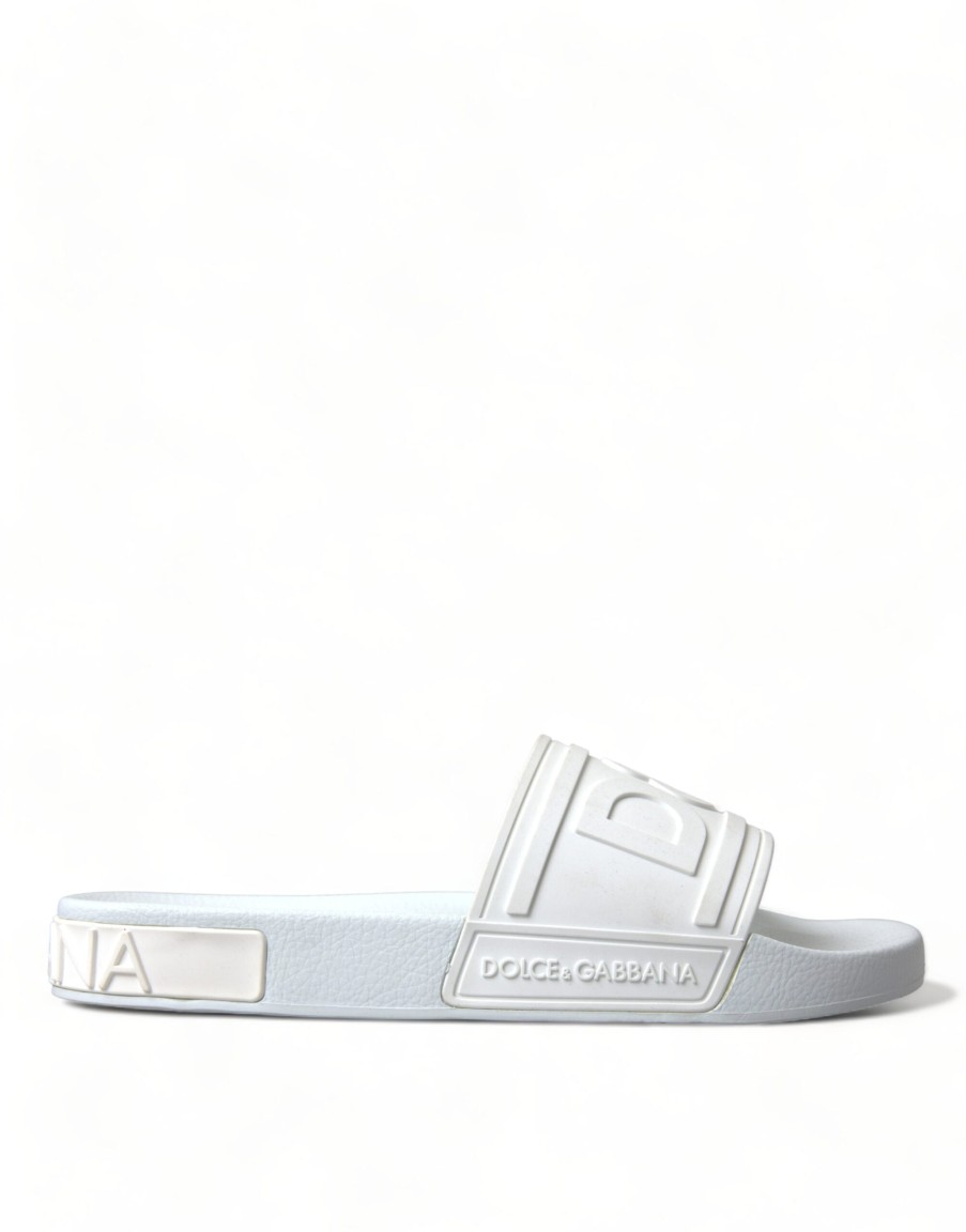 Men Dolce & Gabbana Men'S Slide Sandals | Dolce & Gabbana White Rubber Sandals Slippers Beachwear Men Shoes