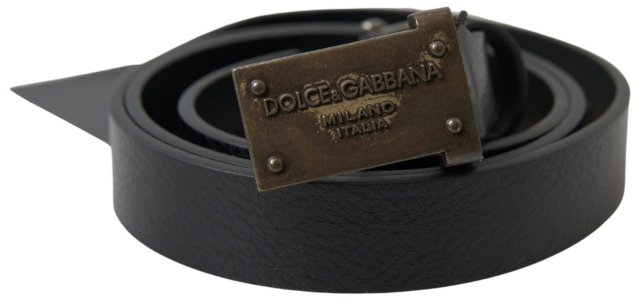 Men Dolce & Gabbana Men'S Belts | Dolce & Gabbana Black Leather Antique Logo Buckle Belt