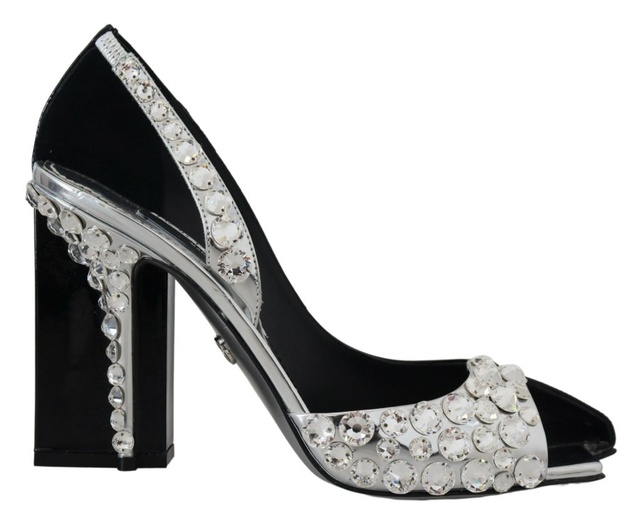 Women Dolce & Gabbana Women'S Pumps | Dolce & Gabbana Black Silver Crystal Double Design High Heels Shoes