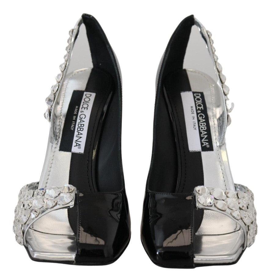 Women Dolce & Gabbana Women'S Pumps | Dolce & Gabbana Black Silver Crystal Double Design High Heels Shoes