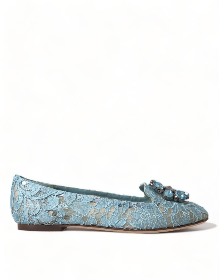 Women Dolce & Gabbana Women'S Flat Shoes | Dolce & Gabbana Blue Vally Taormina Lace Crystals Flats Shoes