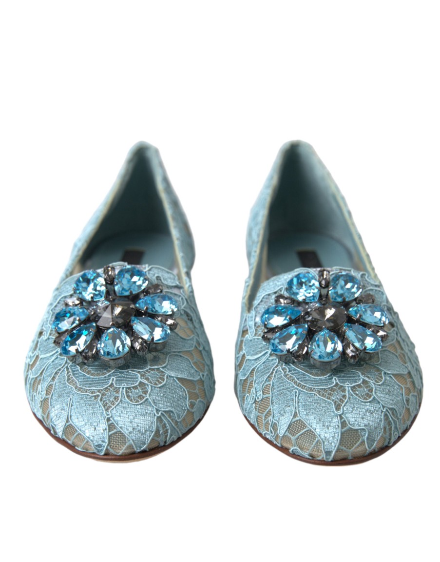 Women Dolce & Gabbana Women'S Flat Shoes | Dolce & Gabbana Blue Vally Taormina Lace Crystals Flats Shoes