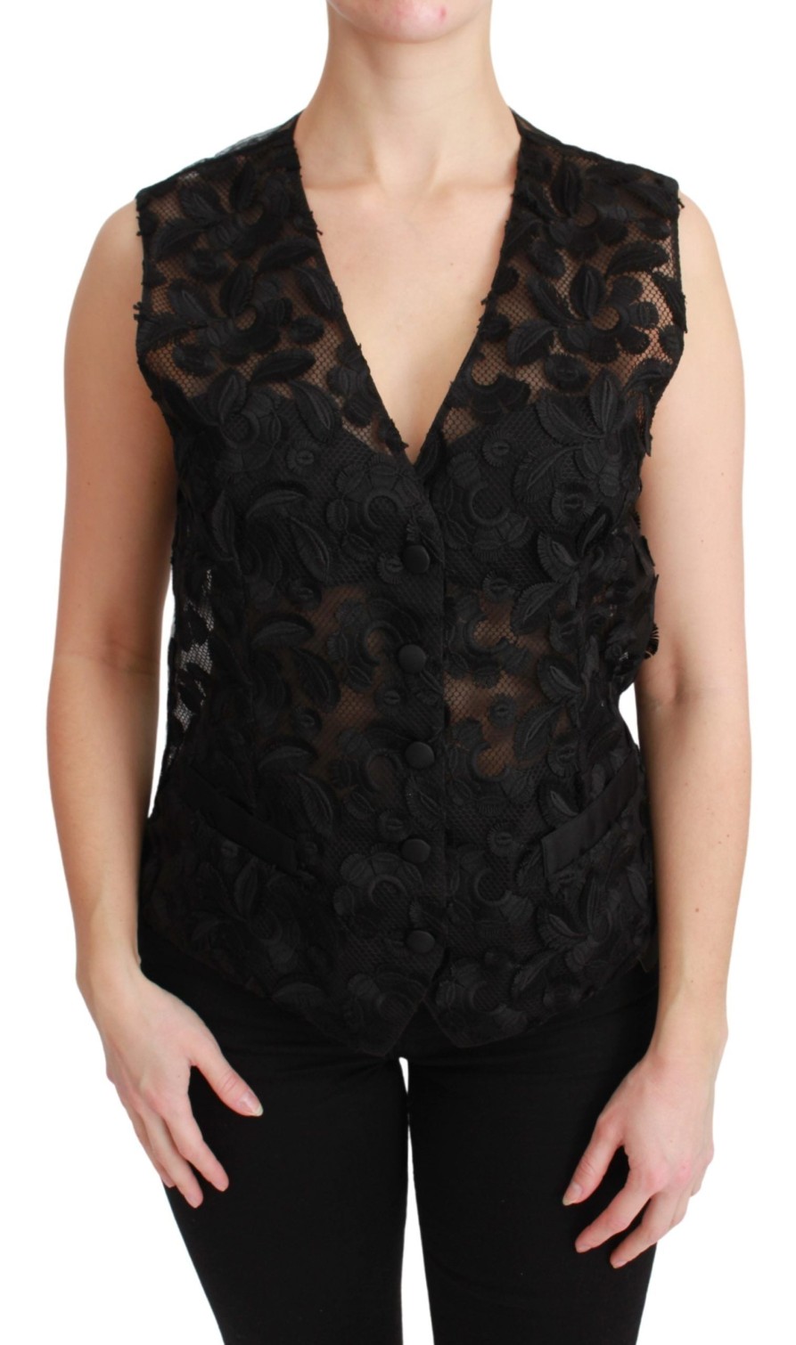 Women Dolce & Gabbana Women'S Vest | Dolce & Gabbana Black Floral Brocade Top Gilet Waistcoat