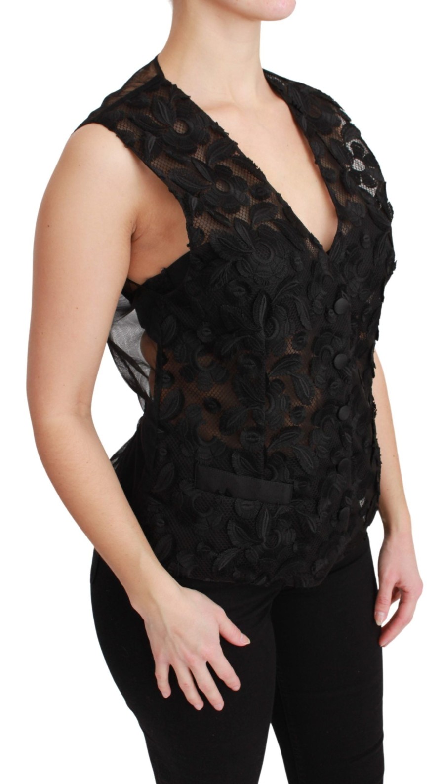 Women Dolce & Gabbana Women'S Vest | Dolce & Gabbana Black Floral Brocade Top Gilet Waistcoat