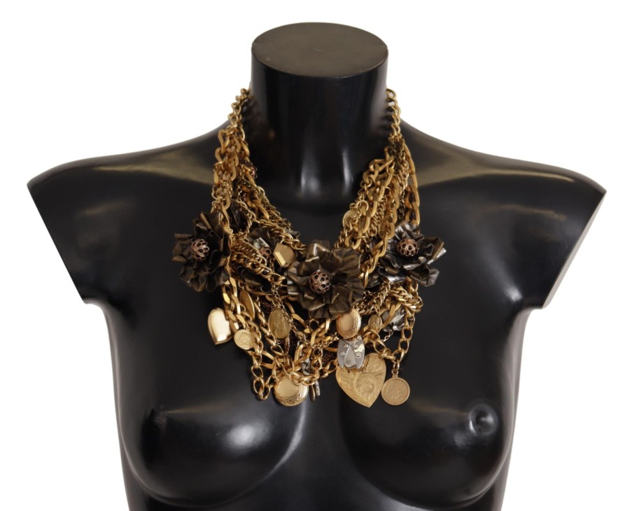 Women Dolce & Gabbana Women'S Necklaces | Dolce & Gabbana Gold Brass Sicily Charm Heart Statement Necklace