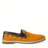 Men Dolce & Gabbana Men'S Loafers | Dolce & Gabbana Orange Linen Leather Studded Loafers Shoes